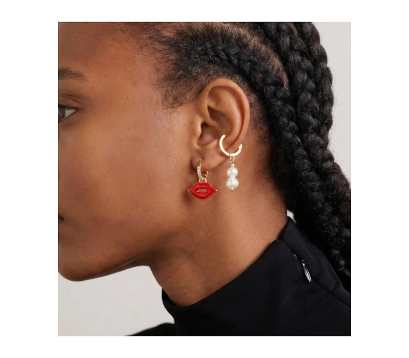 18k Gold Plated Huggies Freshwater Pearls with a Red Enamel Lip Charm - Lip Lip Earrings For Women