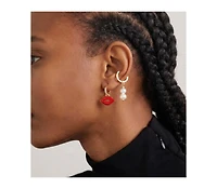 18k Gold Plated Huggies Freshwater Pearls with a Red Enamel Lip Charm - Lip Lip Earrings For Women