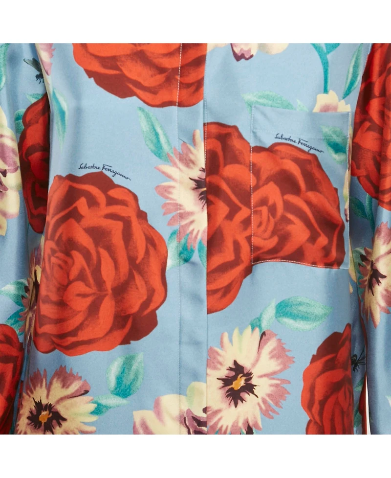Pre-Owned Salvatore Ferragamo Women's Blue Rose Print Silk Long Sleeve Shirt