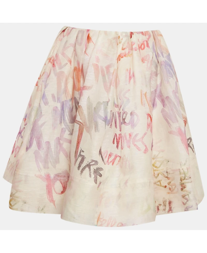 Pre-Owned Zimmermann Women's Cream/multicolor Logo Print Linen And Silk Flared Mini