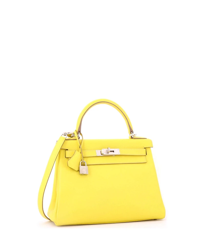 Pre-Owned HERMES Kelly 28 Handbag Yellow Evercolor with Palladium Hardware