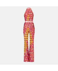 Pre-Owned Moschino Women's Couture Pink Printed Lurex Jersey Sequin Trim Jumpsuit
