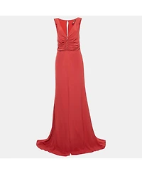 Pre-Owned Roberto Cavalli Women's Red Crepe Ruched Slit Maxi Dress