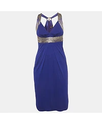 Pre-Owned Roberto Cavalli Women's Blue Beaded Jersey Short Dress