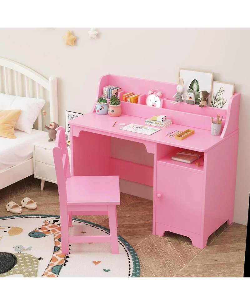 Gaomon kids desk and chair set with hutch and storage cabinet, wooden study table for boys and girls, ideal for writing, computer work, and learning.