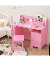 Gaomon kids desk and chair set with hutch and storage cabinet, wooden study table for boys and girls, ideal for writing, computer work, and learning.