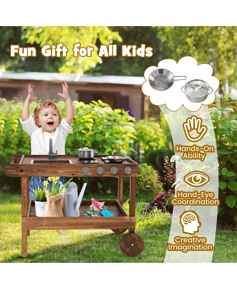 Skonyon Outdoor Movable Mud Kitchen with 2 Rolling Wheels and 1 Push Handle