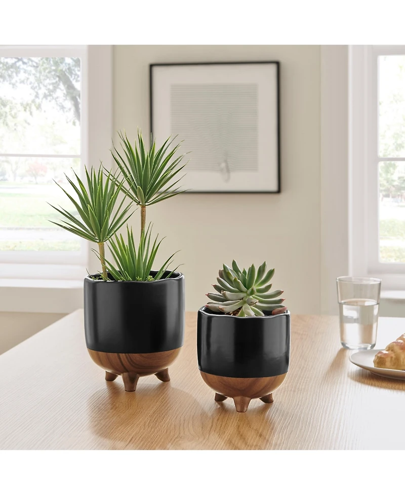 Danya B Milo Mortar Two Tone Flower Pot Planter Cachepot Set of 2 Sizes - Black and Walnut