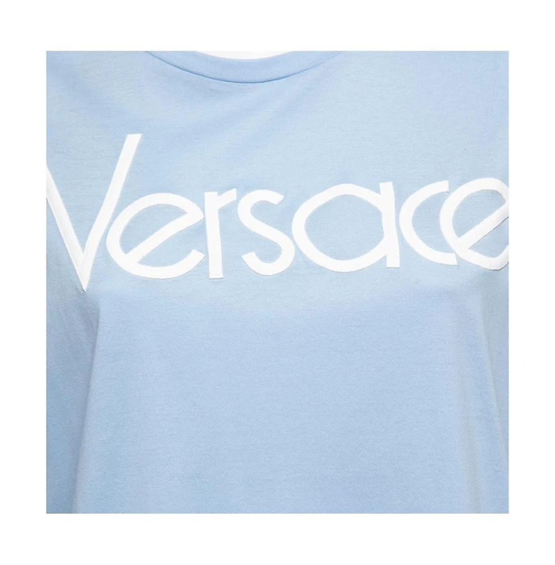 Pre-Owned Versace Women's Light Blue Cotton Logo Embroidered Tribute T-Shirt