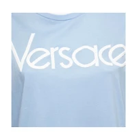 Pre-Owned Versace Women's Light Blue Cotton Logo Embroidered Tribute T-Shirt