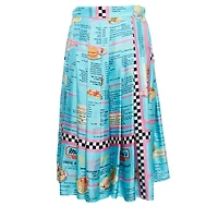 Pre-Owned Moschino Women's Couture Blue Drive In Menu Print Silk Pleated Midi Skirt