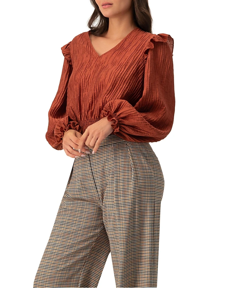 Ivonne Women's V-Neck Smocked Blouse with Ruffle Sleeves