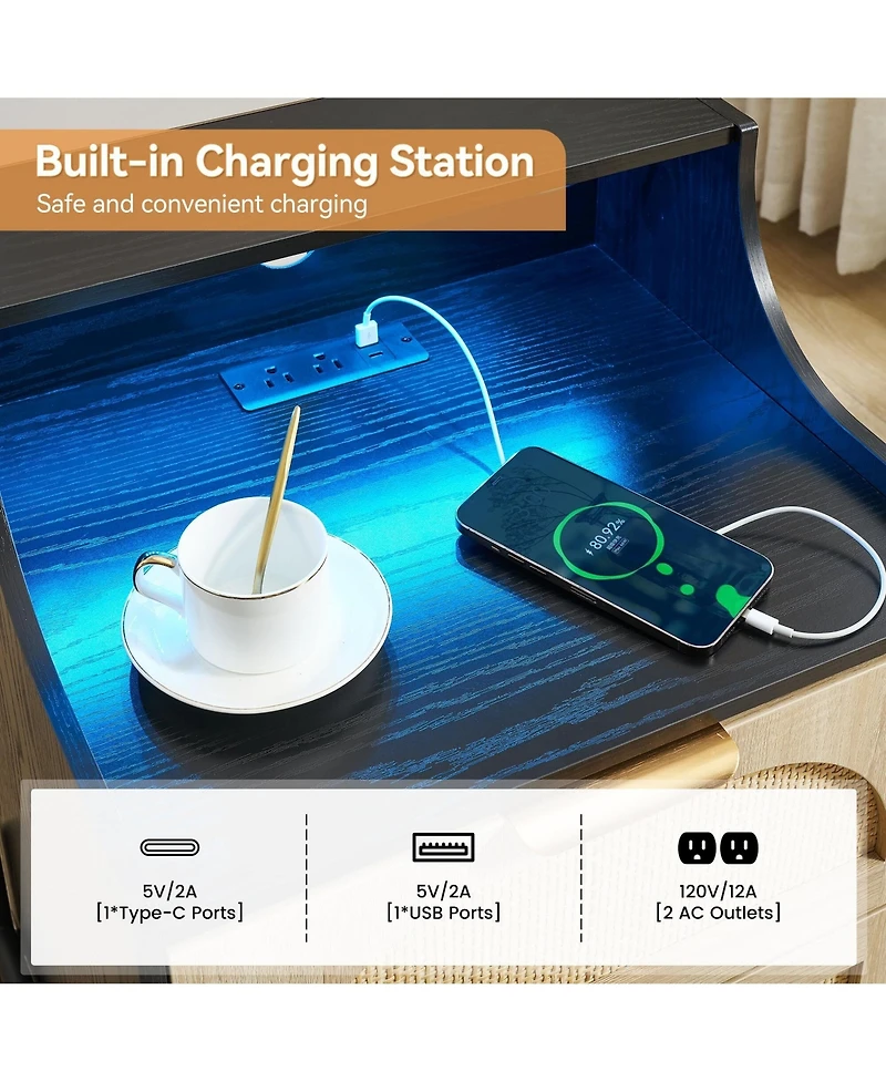 Gaomon Rattan Nightstand with Charging Station and Led Lights, Storage End Table, for Living Room, Bedroom, Dorm