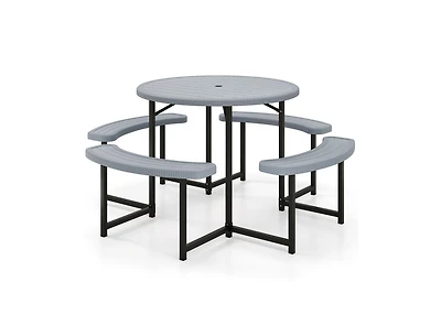Slickblue Round Picnic Table Set with 4 Benches and Umbrella Hole