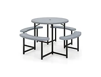 Slickblue Round Picnic Table Set with 4 Benches and Umbrella Hole