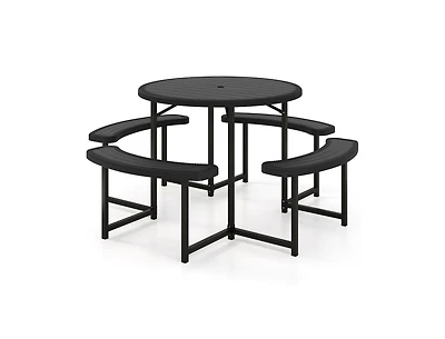 Slickblue Round Picnic Table Set with 4 Benches and Umbrella Hole