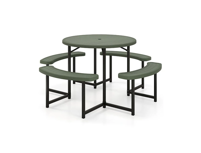 Slickblue Round Picnic Table Set with 4 Benches and Umbrella Hole