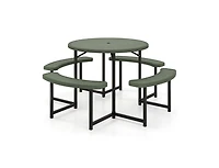 Slickblue Round Picnic Table Set with 4 Benches and Umbrella Hole