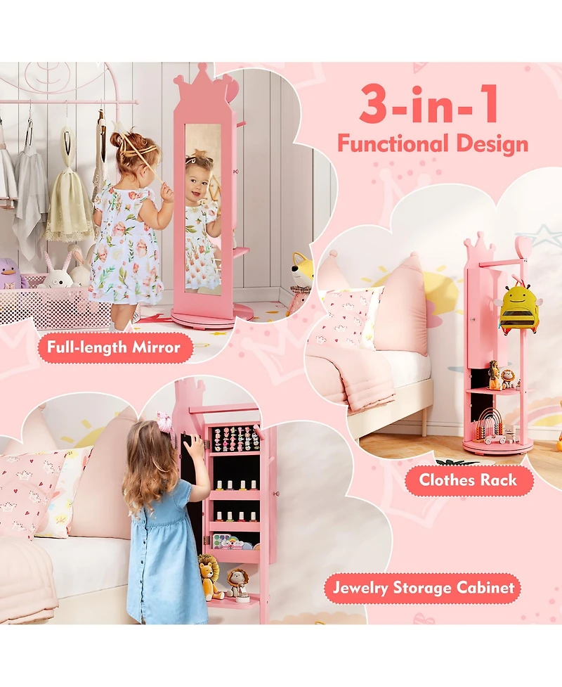 Gymax Kids Vanity Set Princess Makeup Dressing Table &Chair Set w/ Coat Rack