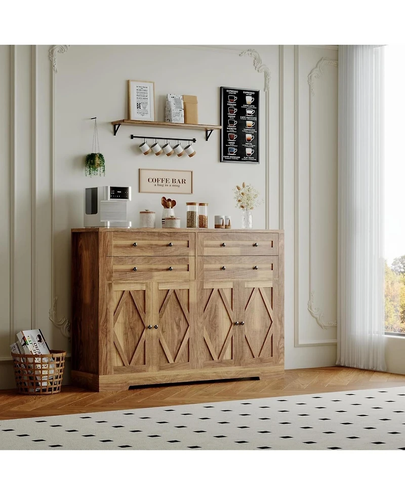 Gaomon Modern Farmhouse Buffet Cabinet with Storage, Wood Large Sideboard Storage 4 Doors & Drawers Coffee Bar.