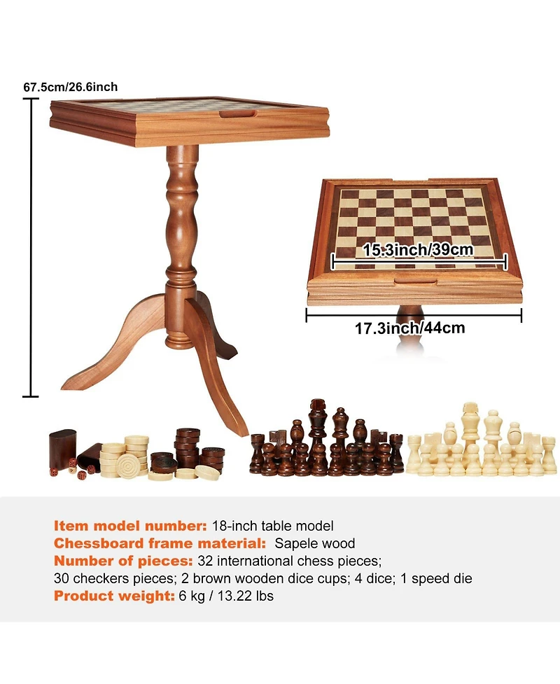Sugift 3-in-1 Chess Checkers Backgammon Table Set 18" Wooden Game Table
