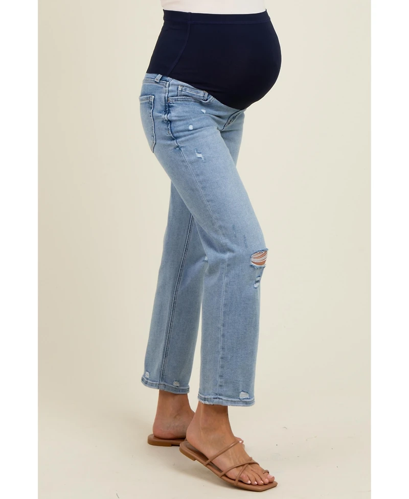 Pinkblush Maternity Light Blue Distressed Open Knee Ankle Straight Leg Jeans