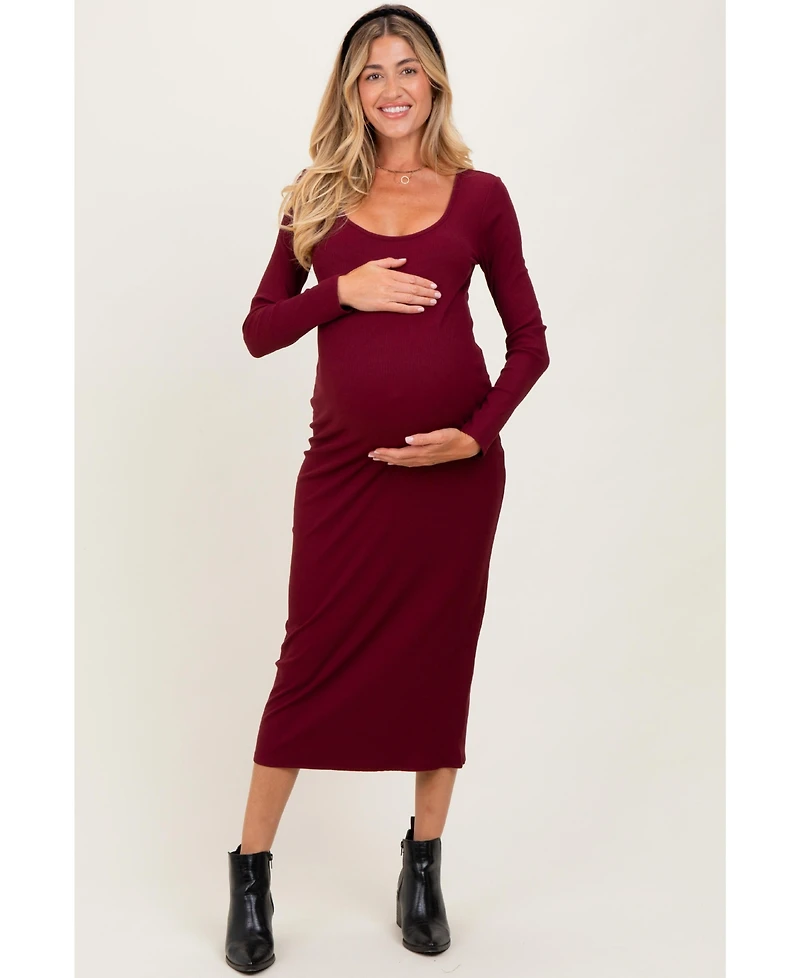 Pinkblush Maternity Burgundy Scoop Neck Long Sleeve Midi Dress