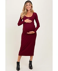 Pinkblush Maternity Burgundy Scoop Neck Long Sleeve Midi Dress