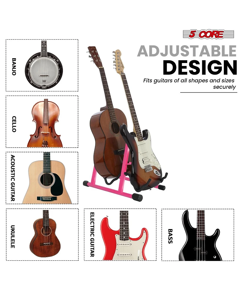 5 Core Double Guitar Stand Floor Adjustable A Frame Folding Acoustic Electric Guitars Holder Stands Gss 2N1 Pnk
