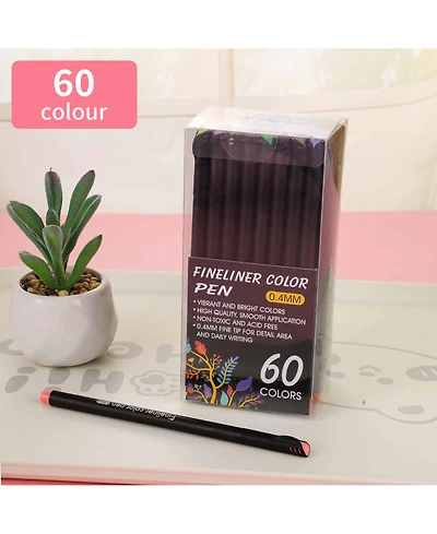 Htutwoo 60 Colors Fineliner Color Pens Set, 0.4 mm Fine Tip, Large Capacity for School Office Supplies