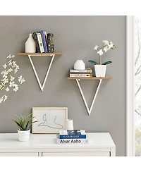 Danya B Triangle Accent Wall Shelf - Reversible Configuration - White Metal with Walnut Finish Ledge