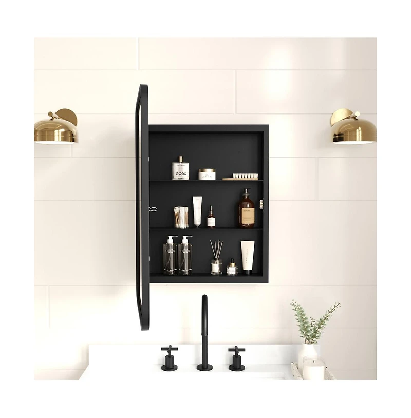 Merrick Lane Glover Reversible Bathroom Wall Medicine Cabinet with Rounded Rectangular Beveled Mirror and Metal Frame Shelves
