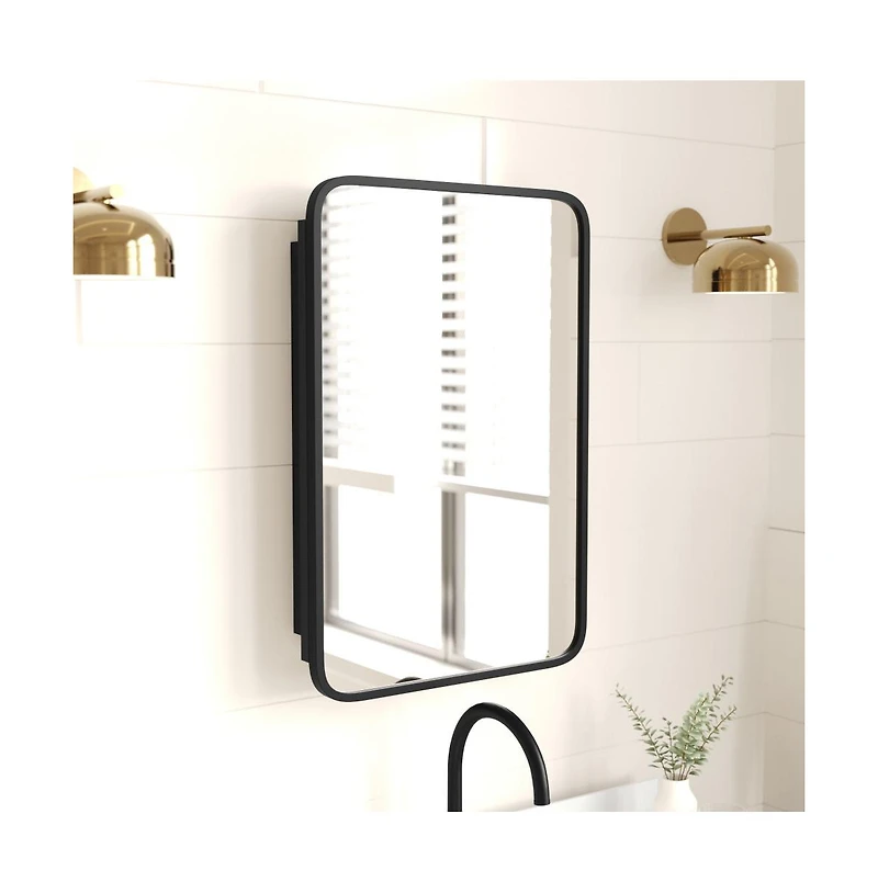 Merrick Lane Glover Reversible Bathroom Wall Medicine Cabinet with Rounded Rectangular Beveled Mirror and Metal Frame Shelves