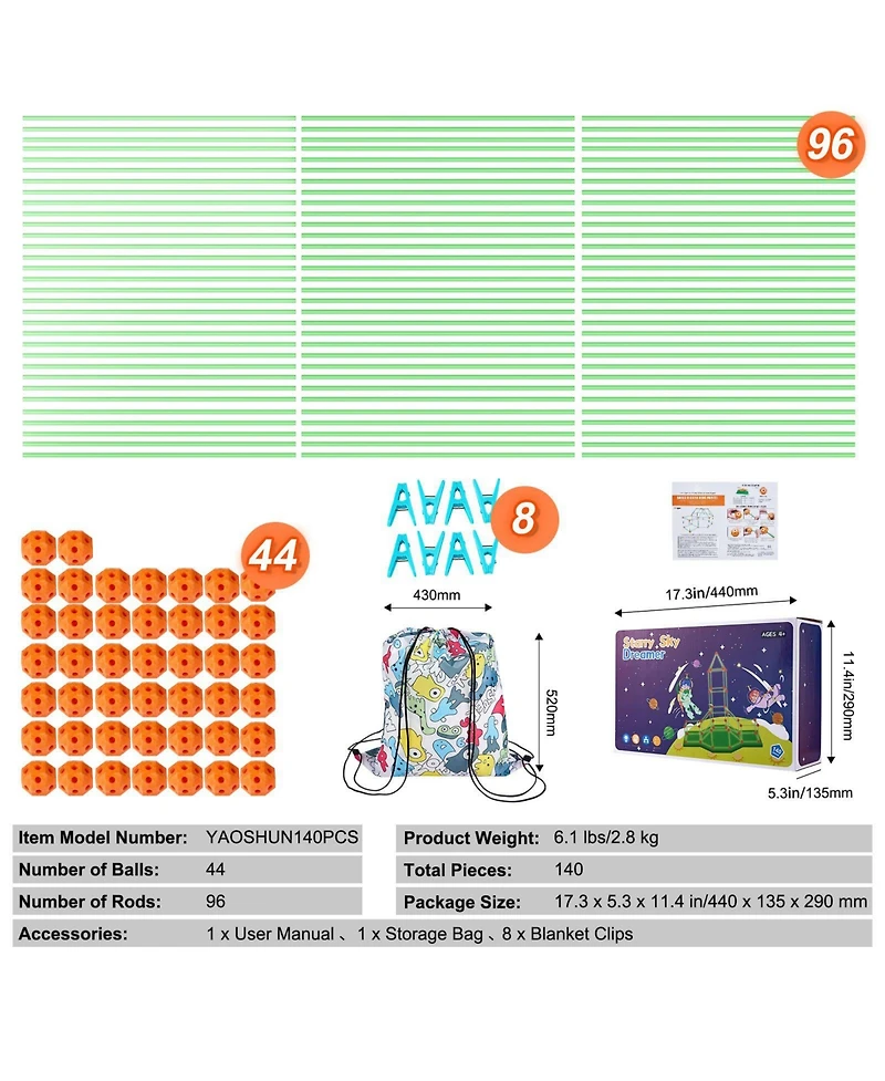 Mecale Fort Kit: 140 Pcs Glow-in-Dark Stem Set with 96 Rods & 44 Balls for Kids Ages 4–8+