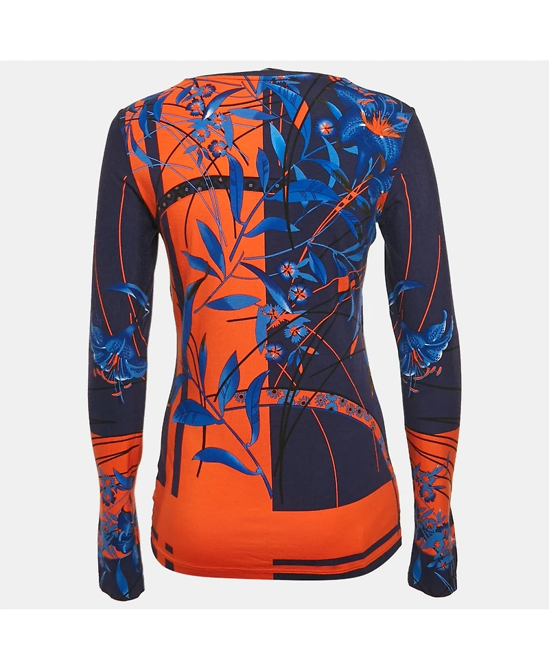 Pre-Owned Versace Women's Blue/orange Printed Jersey Long Sleeve T-Shirt
