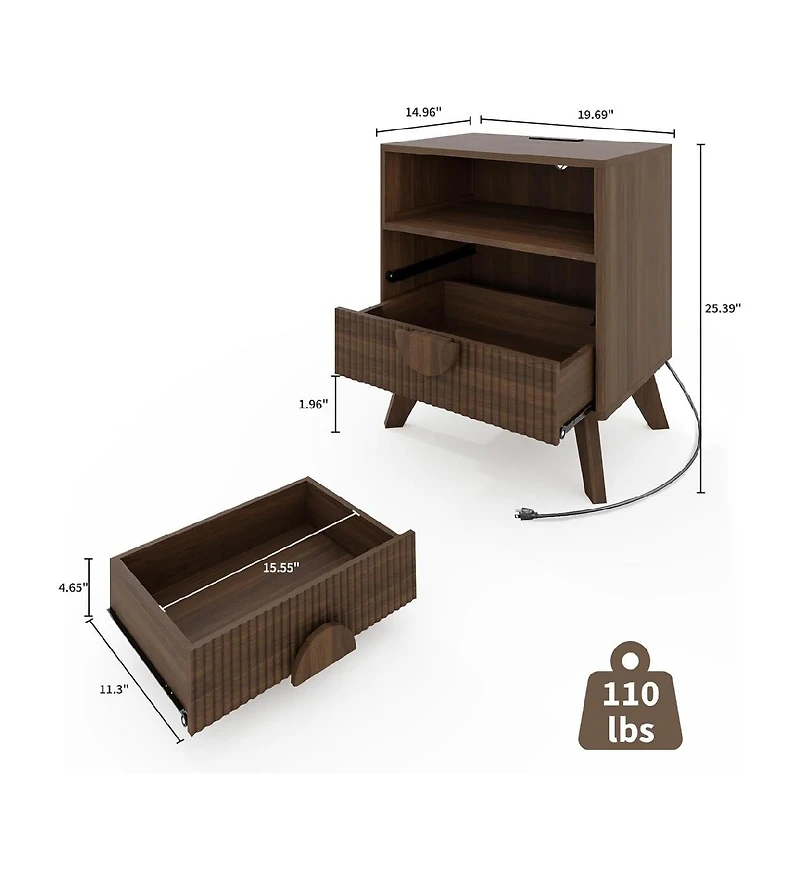 Gaomon Modern Fluted Night Stand, Bedroom Nightstand with Usb Charging Station, Wood Fluted Bedside Table with 2 Drawers, 1pcs