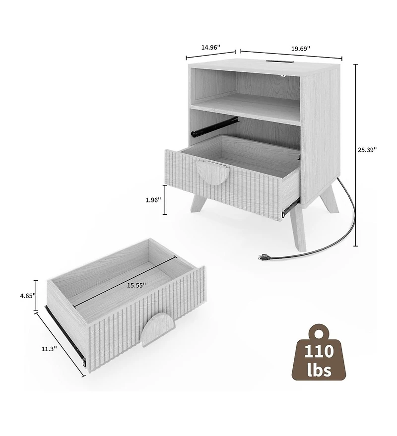 Gaomon Modern Fluted Night Stand, Bedroom Nightstand with Usb Charging Station, Wood Bedside Table 2 Drawers, 1pcs
