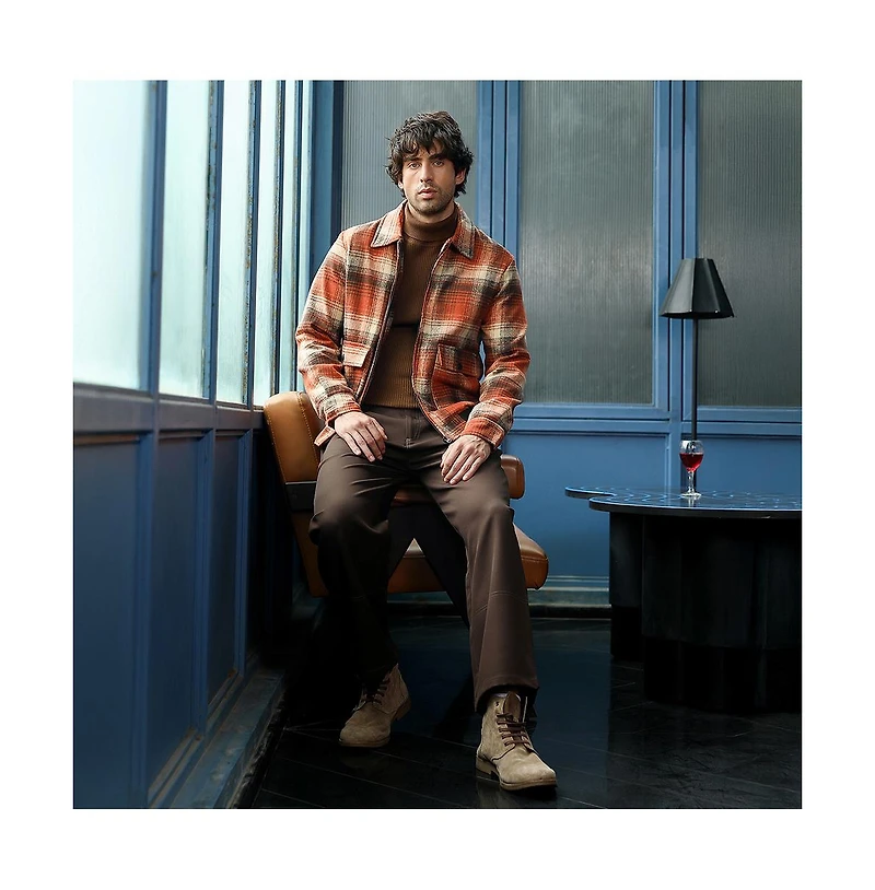 Campus Sutra Men's Burnt Sienna Zip-Front Plaid Jacket.