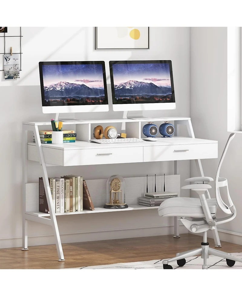 Tribesigns White Computer Desk with Storage Shelf & Drawers, Modern 47 inch Office Writing Desk Study Table with Monitor Stand