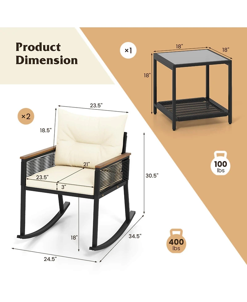 Costway 3 Pcs Outdoor Rocking Bistro Set with 2-Tier Coffee Table, Acacia Wood Armrests