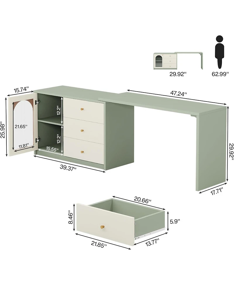 Tribesigns Retractable Makeup Vanity Desk with 3 Drawers & Cabinet, Corner Dressing Table for Bedroom, Walnut & White (No Mirror)