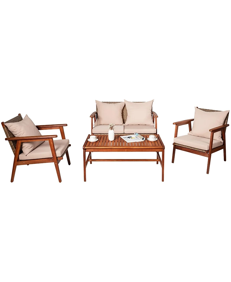 Costway 4PCS Outdoor Rattan Furniture Set Acacia Wood Table Cushioned Sofa Chair Garden