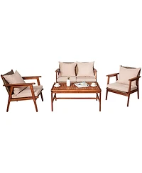 Costway 4PCS Outdoor Rattan Furniture Set Acacia Wood Table Cushioned Sofa Chair Garden