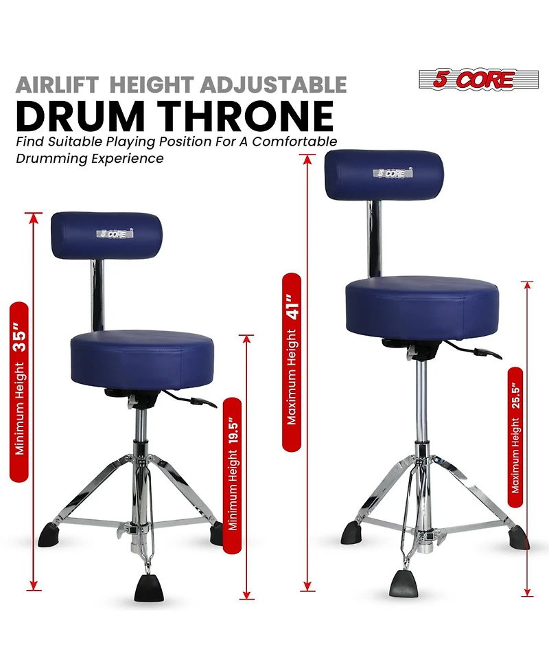 5 Core Drum Throne w Backrest 4" Padded Stool Airlift Adjustable 25.5" Drummer Chair 441Lb Capacity