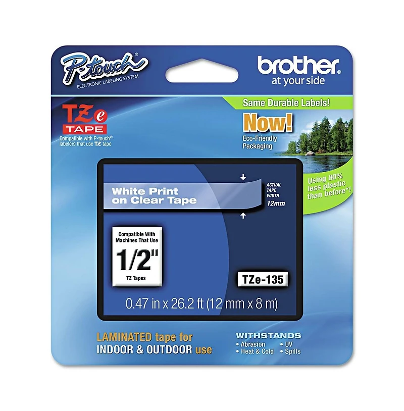 Brother P-Touch TZE135 TZe 0.47 in. x 26.2 ft. Standard Adhesive Laminated Labeling Tape - White on Clear