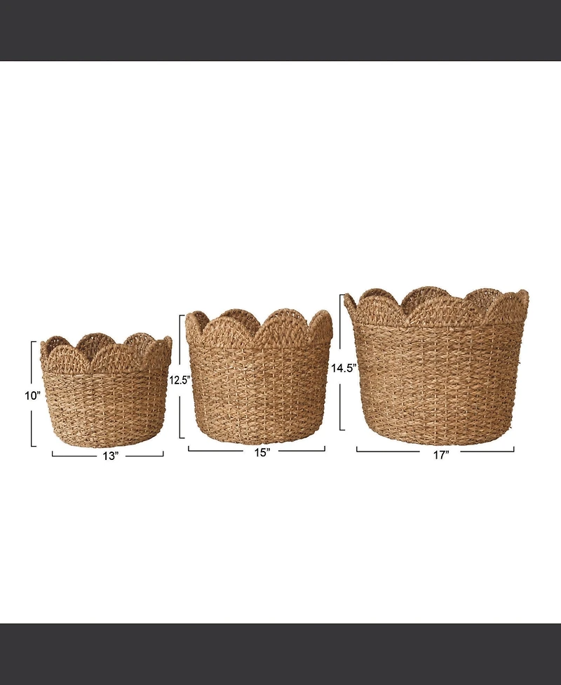 Storied Home Braided Bankuan and Rattan Baskets with Scalloped Edge, Natural, Set of 3