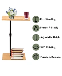 sumyeg Adjustable Bamboo C-Shaped Couch Tray Table with 2-Tier Rectangle Design