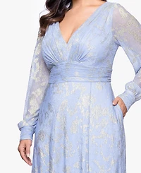 Betsy & Adam Plus V-Neck Foil Mesh A-Line Dress