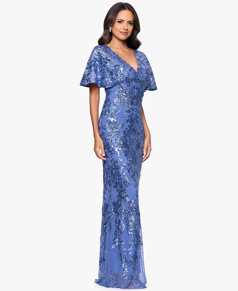 Betsy & Adam Petite Sequin Detail V-Neck Long Sheath Dress