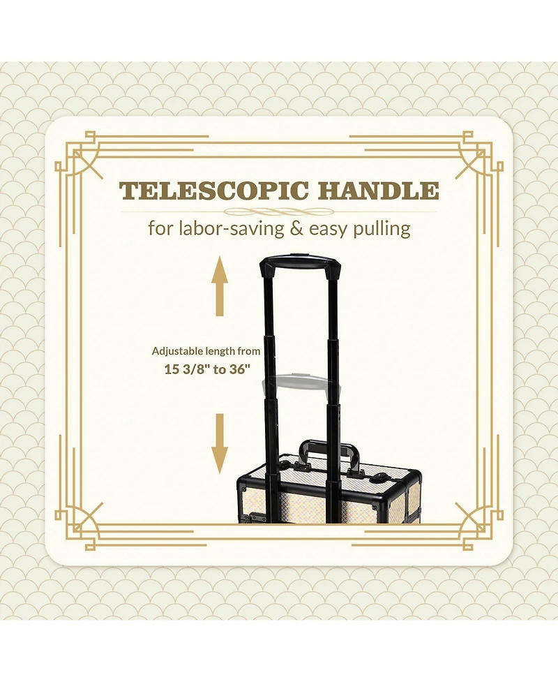 Byootique Rolling Makeup Train Case on Wheels Cosmetic Trolley Art Deco Pastel